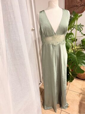 Princess Polly Sage Green Satin Maxi Dress Lace Trim Slip Dress US 12